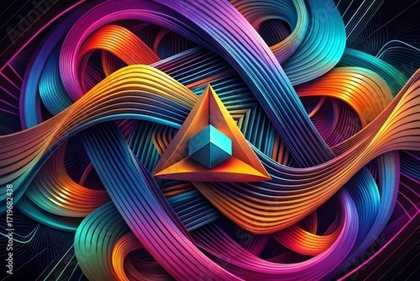 Fototapeta Futuristic Abstract Digital Artwork with Colourful Swirling Ribbons Around Geometric Prism