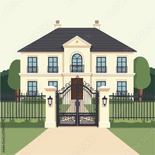 Fototapeta Flat vector luxury mansion with wrought iron gate and solid color  