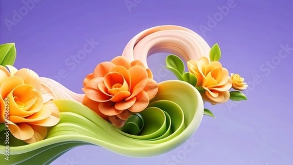 Fototapeta Vibrant Camellia-Like Flowers with Flowing Ribbons on Soft Purple Gradient Background Digital Illustration
