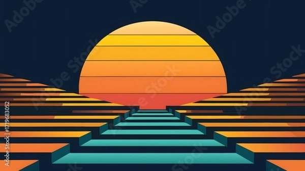 Fototapeta Retro-Futuristic Stylized Sunset with Teal Path, Layered Orange and Yellow Glow, and Dark Horizon