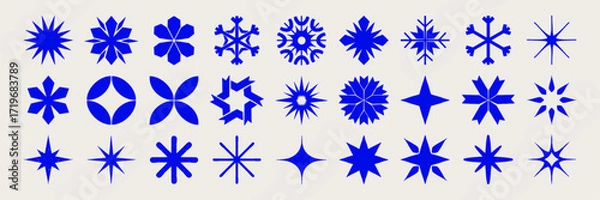 Fototapeta Abstract snowflake icon set, vector hand drawn y2k minimal star print, winter holiday snow emblem. Futuristic brutal New Year Christmas logotype, modern ornamental forms. Snowflake crystal icon sign