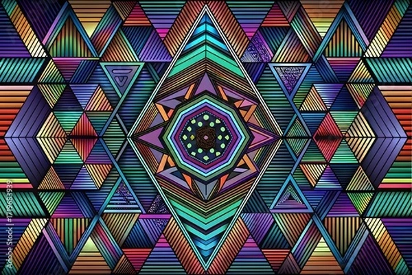 Fototapeta Vibrant Geometric Mandala Abstract with Triangles, Diamonds, and Iridescent Psychedelic Colours