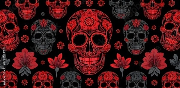 Fototapeta Vibrant Sugar Skull Pattern with Red and Dark Gray Skulls and Floral Gothic Decorations on Black Background