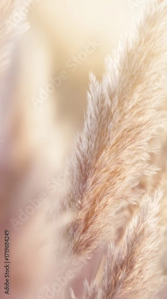Fototapeta feathery. Bohemian-style pampas grass arrangement in neutral tones with warm sunlight. gardening catalogs, home-decor guides, designed for home decor and floral branding, used by food bloggers.