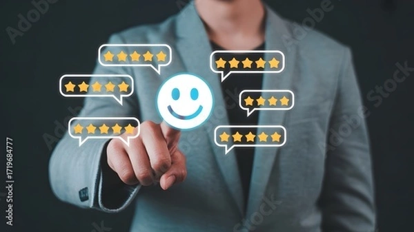 Fototapeta Businessman Touching Smiley Face with Five Star Rating Icons Representing Customer Feedback and Satisfaction