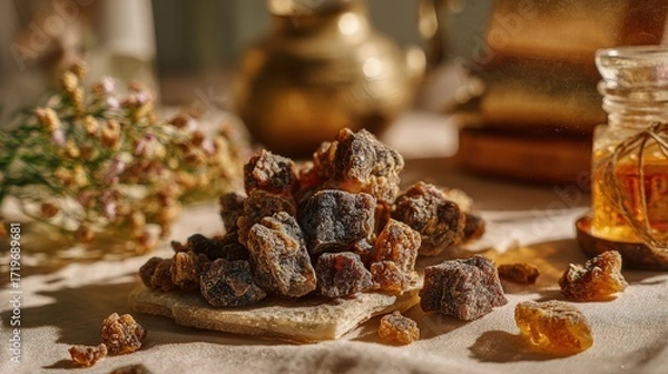 Fototapeta Natural myrrh resin chunks carefully arranged to showcase authentic texture and organic elements, perfect for traditional medicine production and sacred aromatherapy incense manufacturing concept.