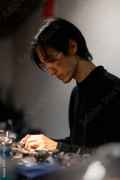 Fototapeta person is repairing bicycle with digital instructions on clean ultrabright background