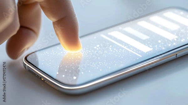 Fototapeta High-angle view of a digital checklist interface above a smartphone with a businessman's finger interacting, cool color scheme. Survey research answer checklist