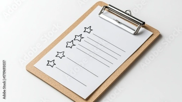 Fototapeta Clipboard with attached feedback form on a white background featuring rating scale and comment section. Survey research answer checklist