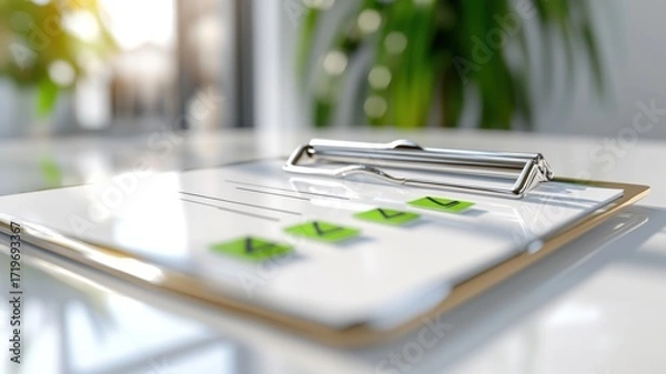 Fototapeta Horizontal clipboard with checklist and green checkmarks on a glossy white table in soft natural lighting. Survey research answer checklist