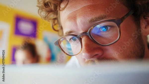 Fototapeta HR manager observes as a young man fills out a digital feedback survey on a laptop in a spacious office with natural wood textures. Survey research answer checklist