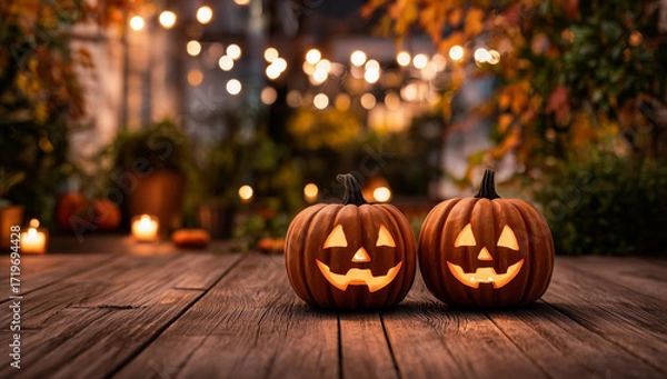 Fototapeta Two Carved Orange Halloween Pumpkins with Smiling Faces on Wooden Deck with String Lights and Greenery Background