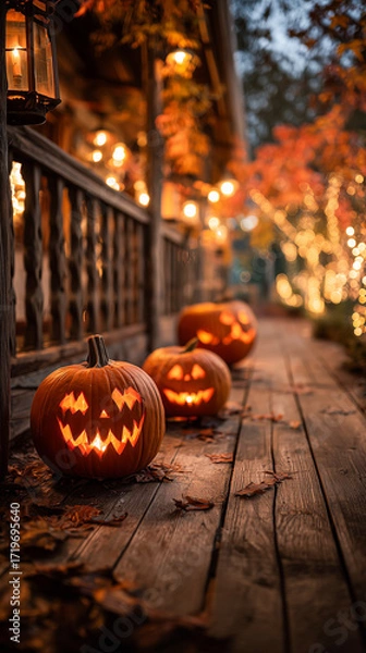 Fototapeta Three Carved Jack-o'-Lantern Pumpkins with Smiling Faces on Wooden Deck Lined with Fairy Lights Black Lanterns and Autumn Leaves in Outdoor Evening Forest Scene