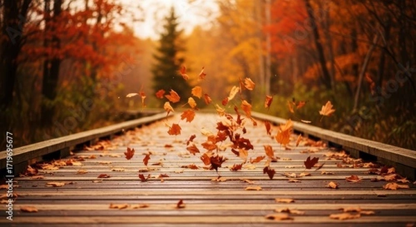 Fototapeta Autumn Leaves Falling on Wooden Bridge in Forest