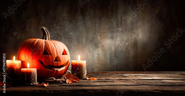 Fototapeta Carved Orange Halloween Pumpkin with Smiling Face on Wooden Table with Three Lit Candles and Autumn Leaves Against Dark Stone Background
