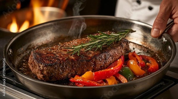Fototapeta 炎に包まれる豪快ステーキソテー