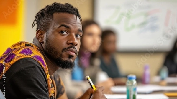 Fototapeta An African male participant in sharp focus explaining survey results in a research room with blurred individuals listening. Survey research answer checklist