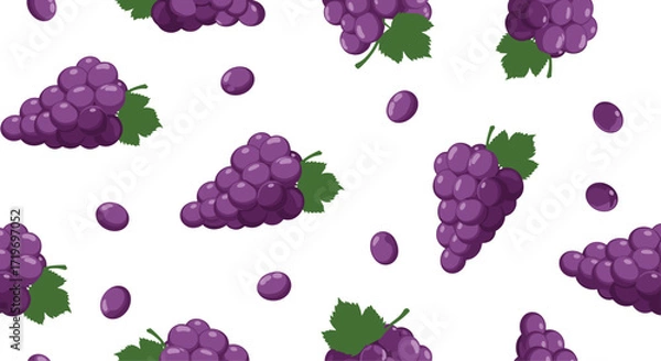 Fototapeta A delightful pattern of purple grapes with green leaves on a white background.