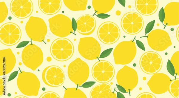 Fototapeta A bright yellow pattern of fresh lemons and lemon slices.
