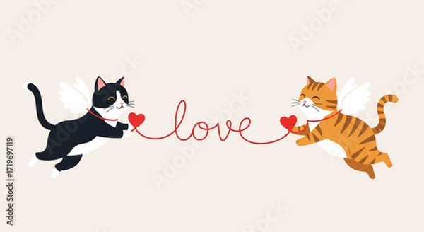 Fototapeta Two adorable winged cats forming the word love with a red string.