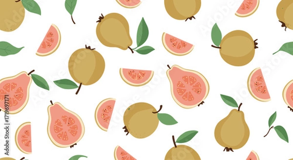 Fototapeta A vibrant seamless pattern featuring ripe guavas and refreshing slices.