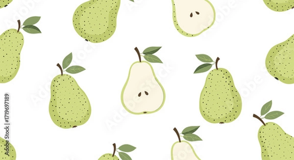 Fototapeta A sweet pattern of ripe green pears with leafy stems.