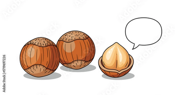 Fototapeta Three delicious hazelnuts one cracked open showing the kernel.