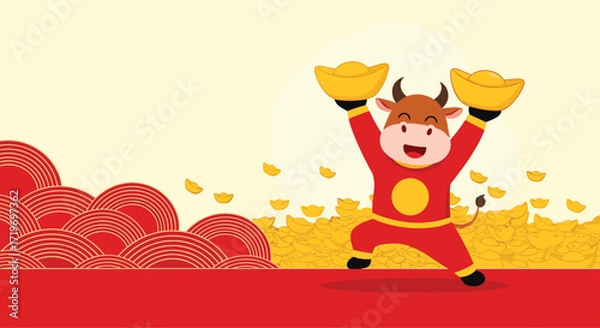 Fototapeta A happy cartoon bull in red clothing is lifting up gold ingots with both hands.