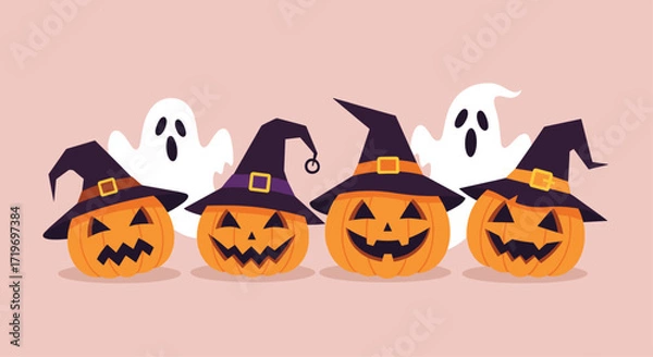 Fototapeta Four pumpkins wearing witch hats with two ghosts in the background.