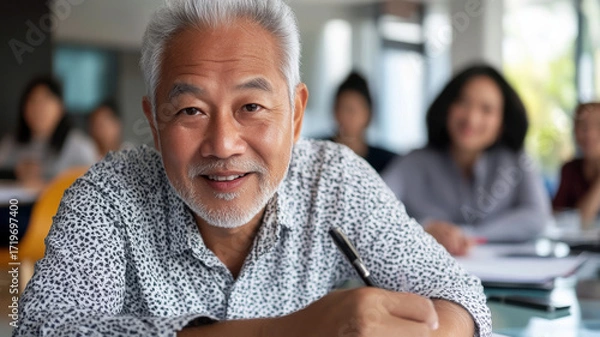 Fototapeta Asian man providing feedback in a focus group session in a modern meeting space. Survey research answer checklist