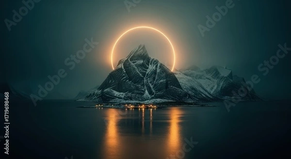 Fototapeta Mystical Mountain Illuminated by Golden Ring Over Serene Water