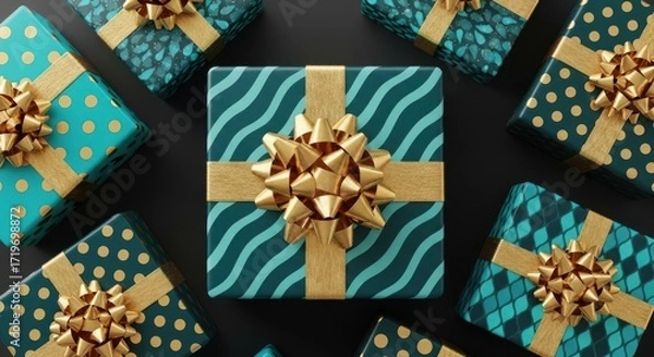Fototapeta Festive Present Boxes Tied with Golden Ribbons on a Dark Background