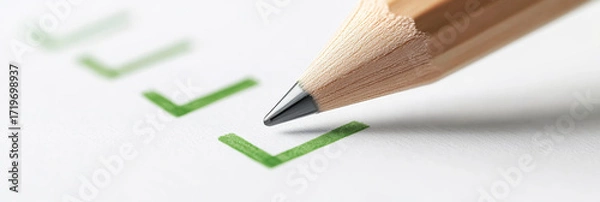 Fototapeta Isolated stylized pencil hovering over modern checklist with green checkmarks. Survey research answer checklist