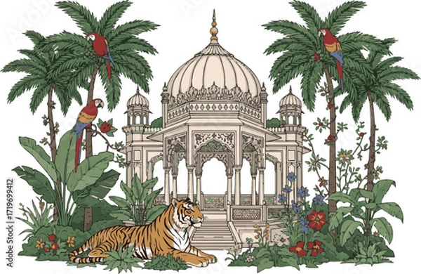 Obraz Create a Mughal forest wallpaper illustration with pavilion dome tiger parrot palm trees and tropical plants for print vector art with white background.