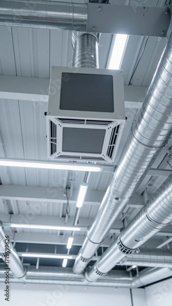 Obraz Ceiling air conditioning unit with metallic ducts in modern industrial space, showcasing clean and functional design
