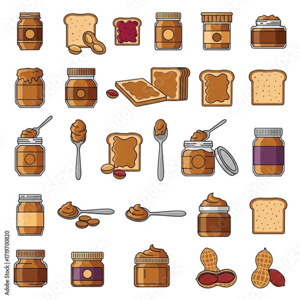 Fototapeta Cartoon Peanut Butter Jars Toasts Spoons and Peanuts Vector Illustration.