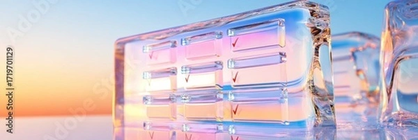 Fototapeta Horizontal glass panel with holographic checklist UI suspended in mid-air against a soft blue sky gradient. Survey research answer checklist