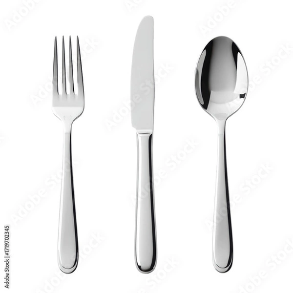 Fototapeta Polished silver fork, knife, spoon, standing upright on transparent background with copy space, photorealistic top-down still life. Concept of premium dining and sophisticated design
