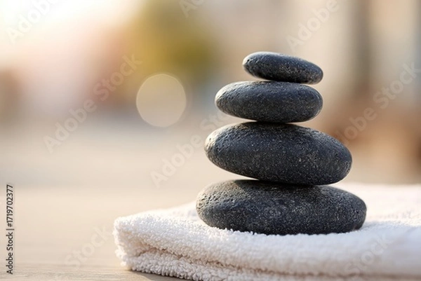 Fototapeta Stack of black stones on a towel in a serene setting