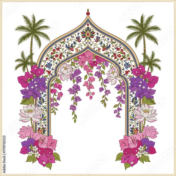Fototapeta Create a Mughal ethnic arch, Bougainvillea, lotus flowers, palm tree illustration for wedding invitation frame vector art with white background.
