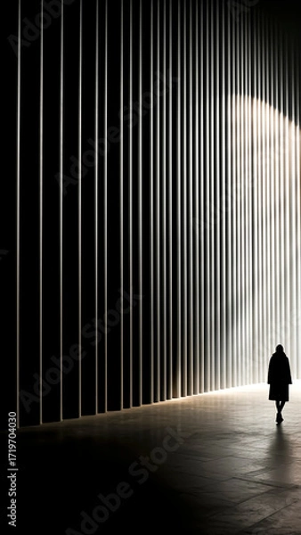 Fototapeta Lone Figure Silhouette in a Beam of Light. Hope and Despair, Architectural Abstract, Minimalist Concept.
