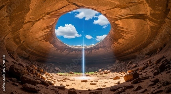 Fototapeta A Shaft of Light Illuminates A Cave Entrance With A Blue Sky Above
