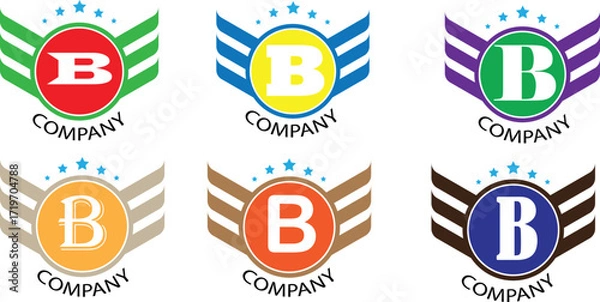 Fototapeta A collection of six colorful company logos, each featuring a winged letter 'B' under an arch of five stars
