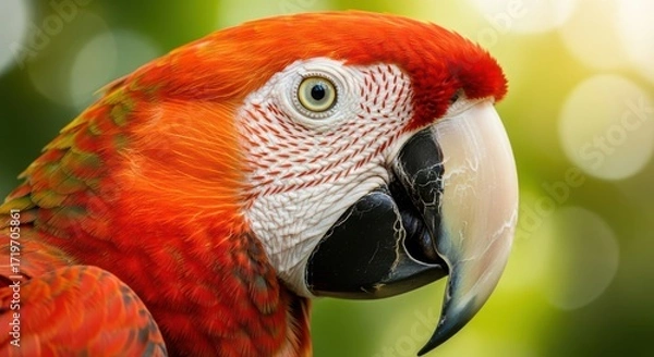 Fototapeta Close up of a vibrant scarlet macaw parrot head with lush green foliage in the background