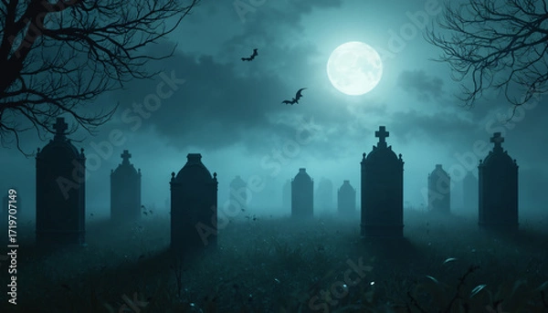 Fototapeta Foggy Graveyard with Full Moon and Bats