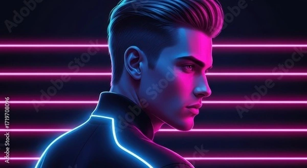 Fototapeta Neon illuminated man with sharp haircut against vibrant background