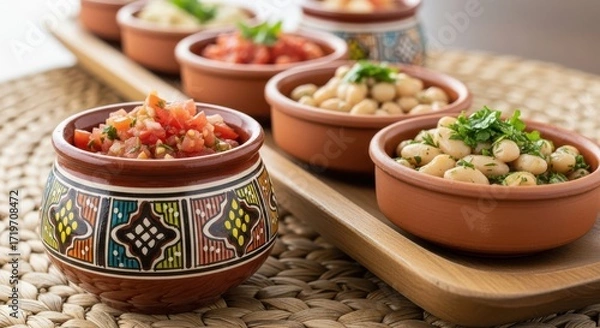 Fototapeta Collection of Appetizer Bowls with Fresh Dips and Toppings