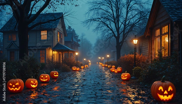 Fototapeta Street Illuminated by Jack-o'-lanterns and House Lights on a Foggy Evening