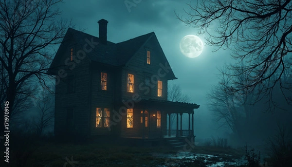 Fototapeta Wooden house with glowing windows under a moonlit sky