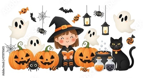 Fototapeta Illustration of cute witch reading a book with halloween elements isolated on white background